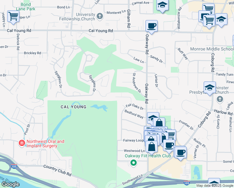 map of restaurants, bars, coffee shops, grocery stores, and more near 2135 Greenview Street in Eugene