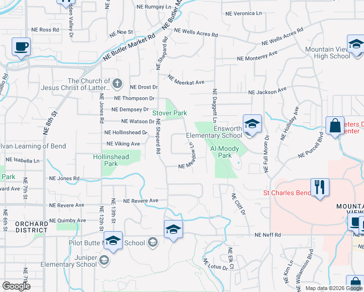 map of restaurants, bars, coffee shops, grocery stores, and more near 1613 Northeast Pheasant Circle in Bend