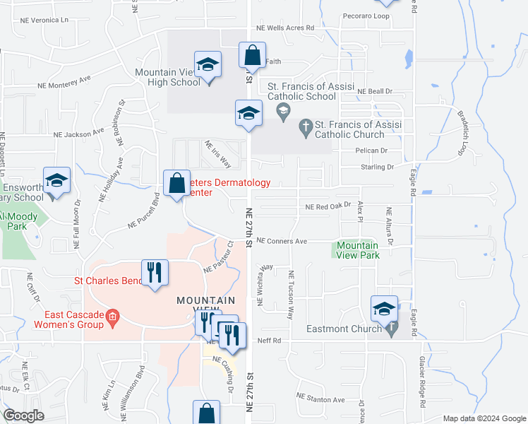 map of restaurants, bars, coffee shops, grocery stores, and more near 2763 Northeast Red Oak Drive in Bend