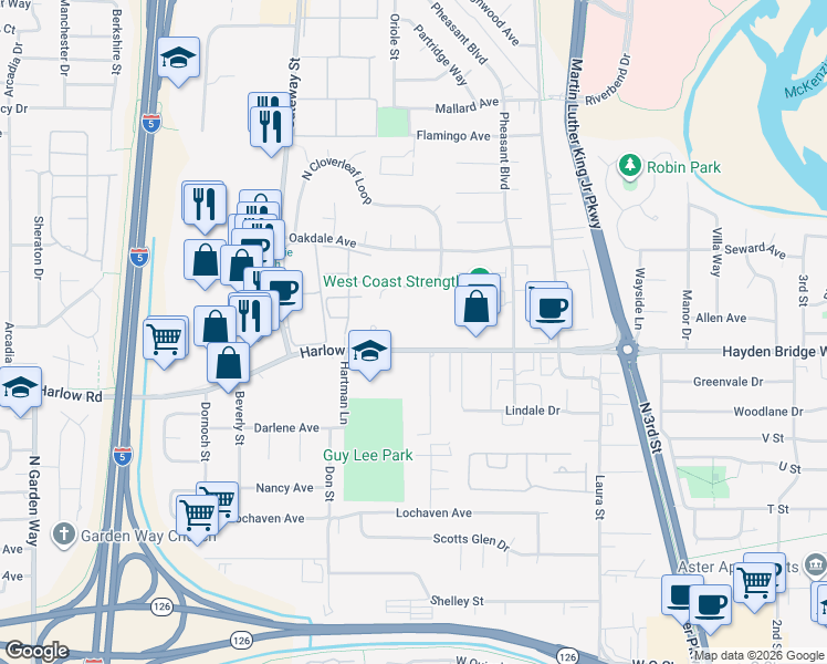 map of restaurants, bars, coffee shops, grocery stores, and more near 650 Harlow Road in Springfield