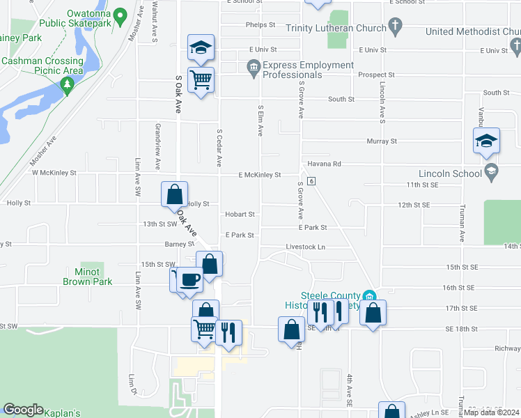 map of restaurants, bars, coffee shops, grocery stores, and more near 1207 South Elm Avenue in Owatonna
