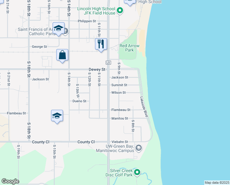 map of restaurants, bars, coffee shops, grocery stores, and more near 910 Wilson Street in Manitowoc