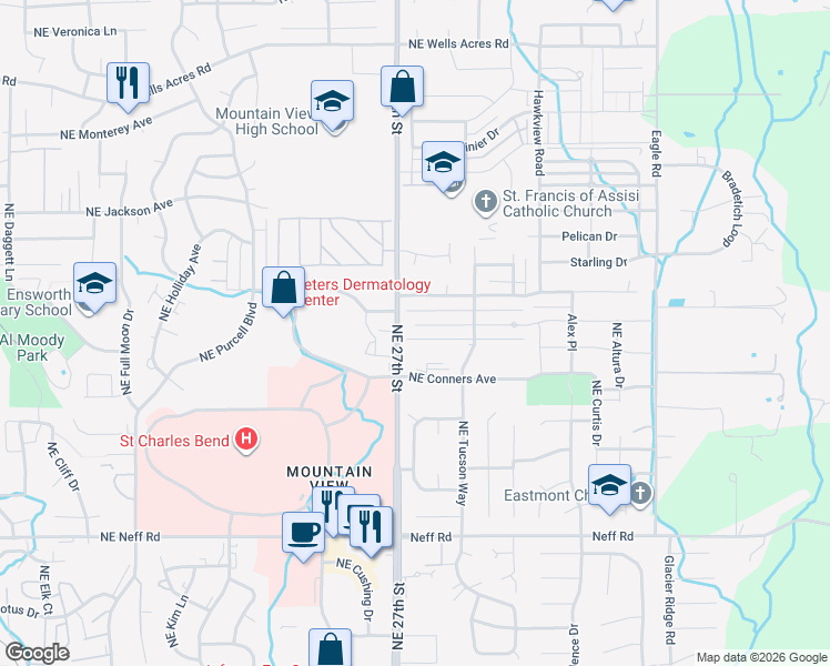 map of restaurants, bars, coffee shops, grocery stores, and more near 2755 Northeast Red Oak Drive in Bend