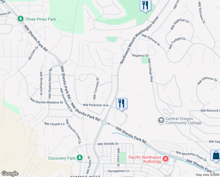 map of restaurants, bars, coffee shops, grocery stores, and more near 2365 Northwest Marken Street in Bend