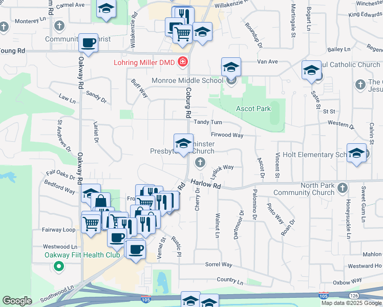 map of restaurants, bars, coffee shops, grocery stores, and more near 2704 Tomahawk Lane in Eugene