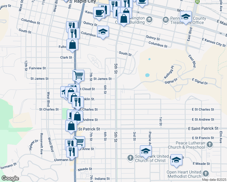 map of restaurants, bars, coffee shops, grocery stores, and more near 501 Saint Cloud Street in Rapid City