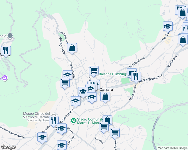 map of restaurants, bars, coffee shops, grocery stores, and more near 50A Via Moneta in Carrara
