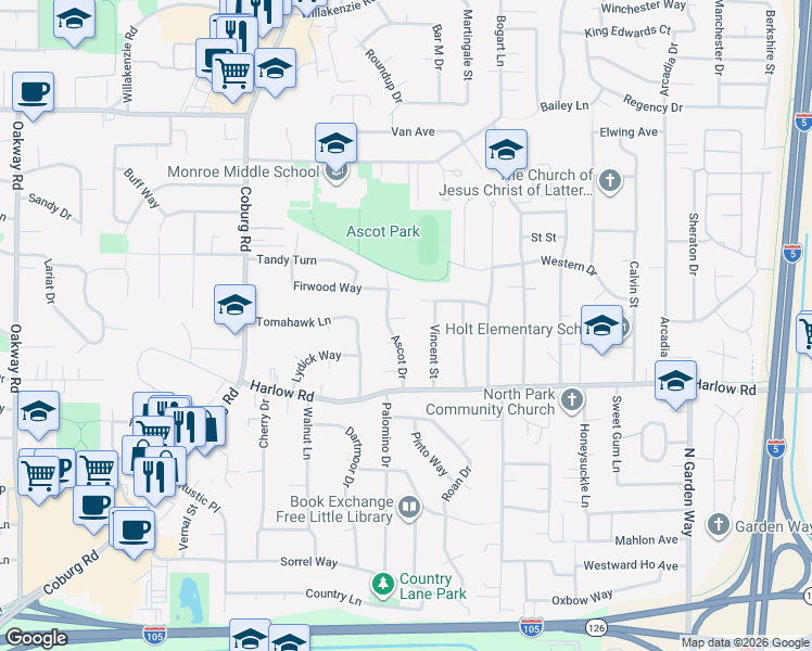 map of restaurants, bars, coffee shops, grocery stores, and more near 865 Classic Place in Eugene