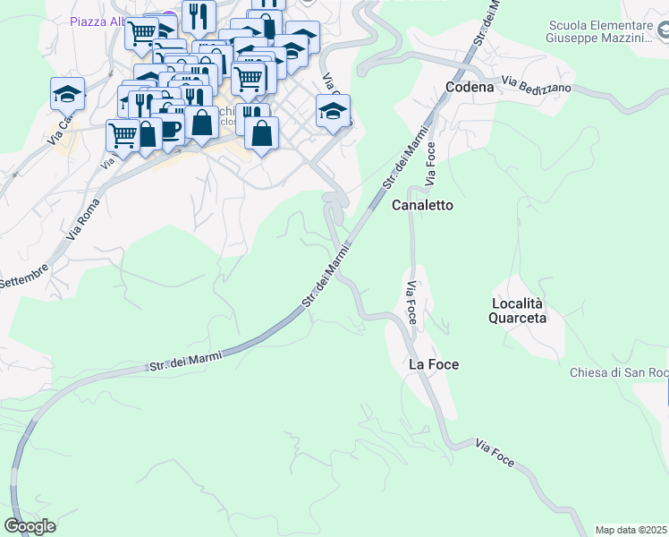 map of restaurants, bars, coffee shops, grocery stores, and more near 1 Via San Francesco in Provincia di Massa e Carrara