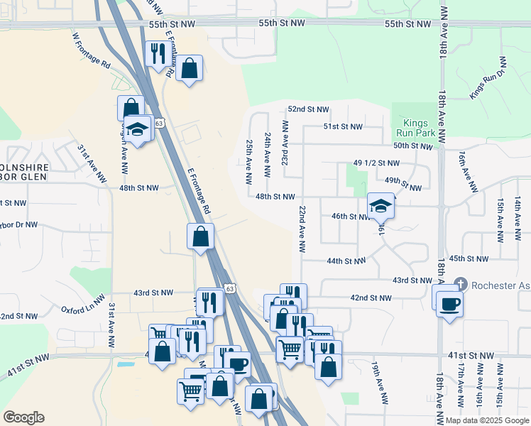 map of restaurants, bars, coffee shops, grocery stores, and more near 2521 Pennington Drive Northwest in Rochester