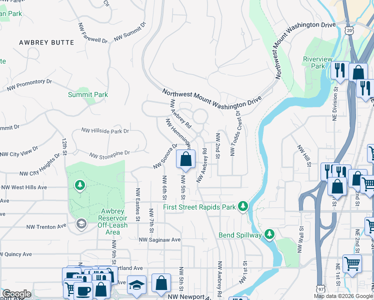map of restaurants, bars, coffee shops, grocery stores, and more near 2441 Northwest Hemmingway Street in Bend