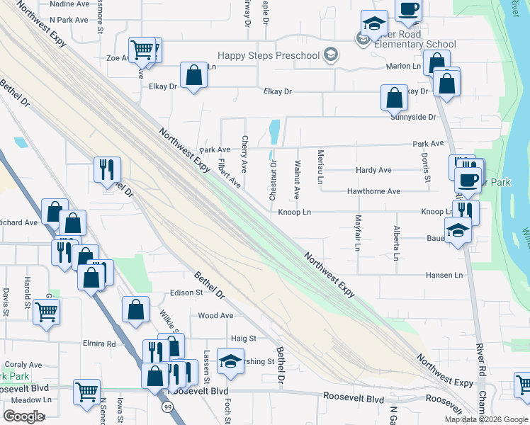 map of restaurants, bars, coffee shops, grocery stores, and more near 614 Filbert Avenue in Eugene