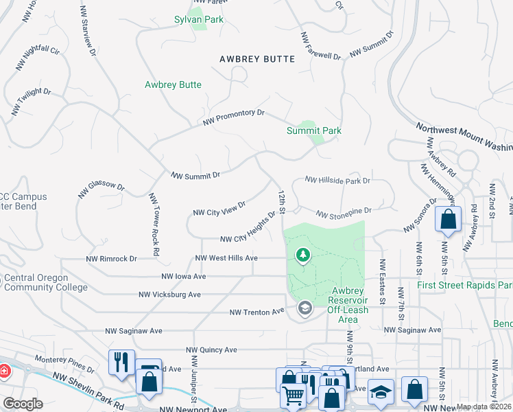 map of restaurants, bars, coffee shops, grocery stores, and more near 1363 Northwest City View Drive in Bend