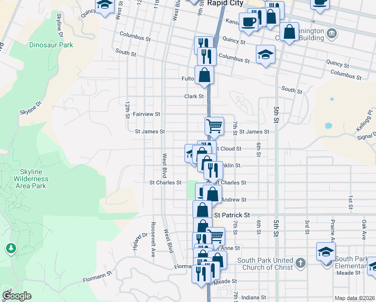 map of restaurants, bars, coffee shops, grocery stores, and more near 901 Saint Cloud Street in Rapid City