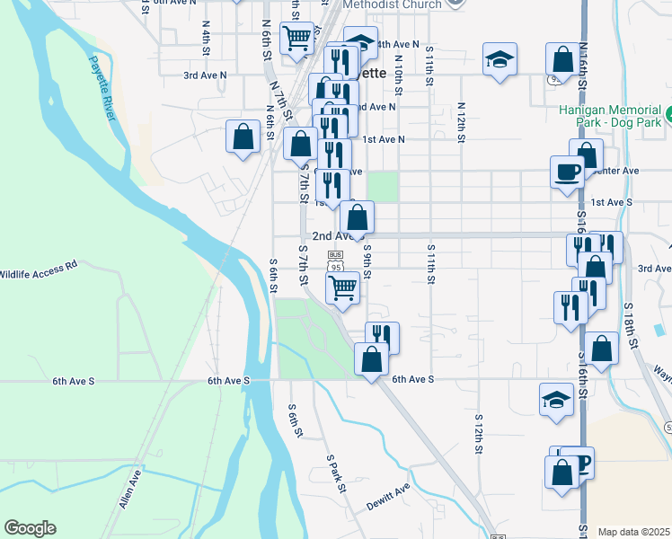 map of restaurants, bars, coffee shops, grocery stores, and more near 3rd Ave S & S 8th St in Payette
