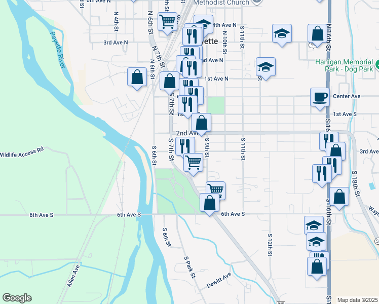 map of restaurants, bars, coffee shops, grocery stores, and more near 3rd Ave S & S 8th St in Payette