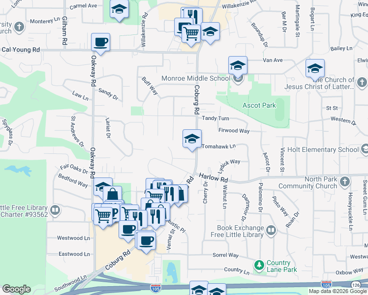 map of restaurants, bars, coffee shops, grocery stores, and more near 2656 Tomahawk Place in Eugene