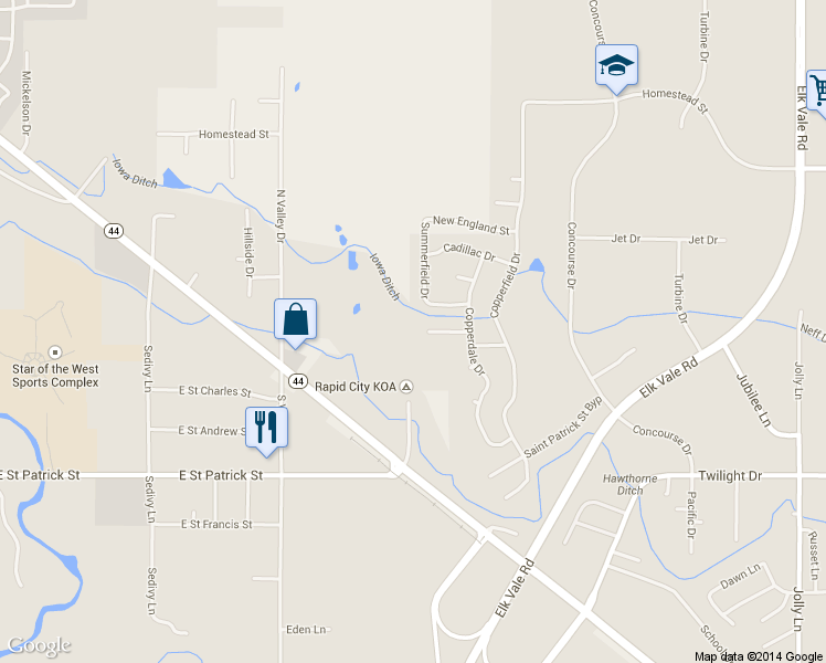 map of restaurants, bars, coffee shops, grocery stores, and more near 3000 Copperlane Court in Rapid City