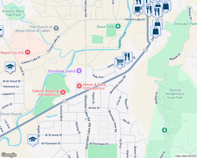 map of restaurants, bars, coffee shops, grocery stores, and more near 2429 Judy Avenue in Rapid City