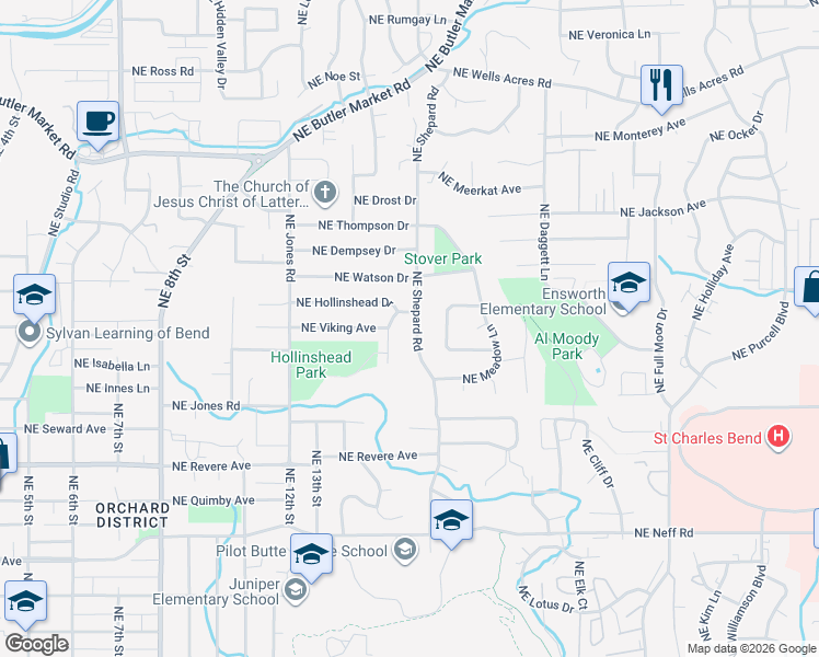 map of restaurants, bars, coffee shops, grocery stores, and more near 2191 Northeast Shepard Road in Bend