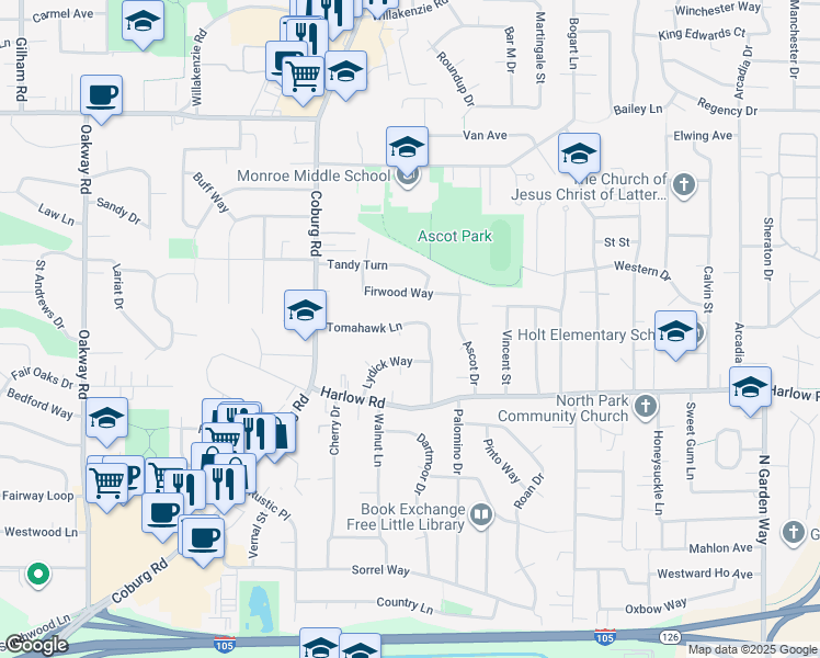 map of restaurants, bars, coffee shops, grocery stores, and more near 2856 Tomahawk Lane in Eugene
