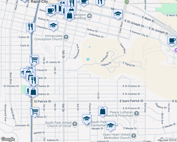map of restaurants, bars, coffee shops, grocery stores, and more near 1209 2nd Street in Rapid City
