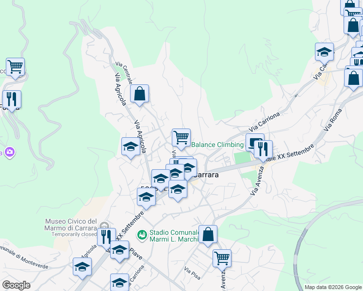 map of restaurants, bars, coffee shops, grocery stores, and more near 50A Via Moneta in Carrara
