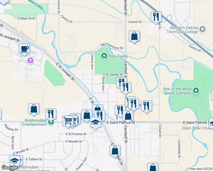 map of restaurants, bars, coffee shops, grocery stores, and more near 1504 Sioux Avenue in Rapid City