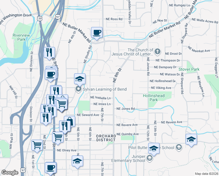 map of restaurants, bars, coffee shops, grocery stores, and more near 732 Northeast Vail Lane in Bend