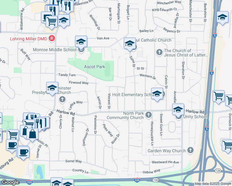 map of restaurants, bars, coffee shops, grocery stores, and more near 859 Vincent Street in Eugene