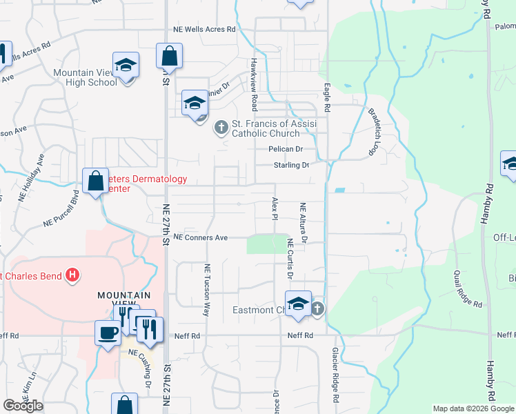 map of restaurants, bars, coffee shops, grocery stores, and more near 2979 Northeast Red Oak Drive in Bend