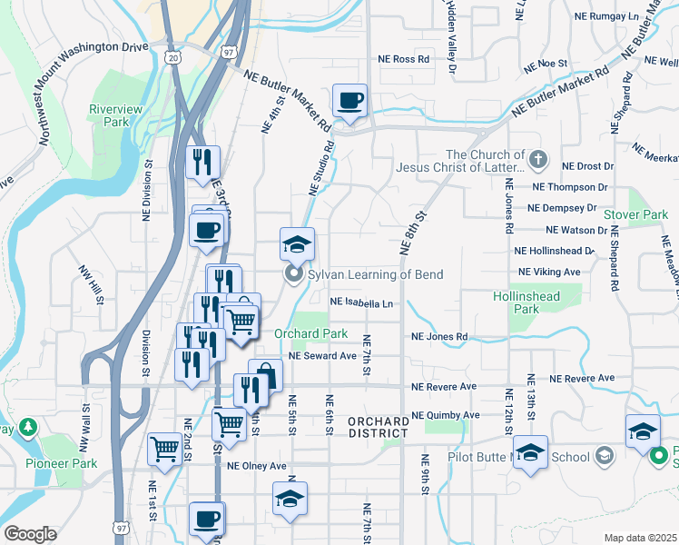 map of restaurants, bars, coffee shops, grocery stores, and more near 620 Northeast Vail Lane in Bend