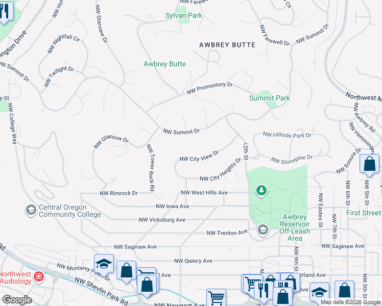 map of restaurants, bars, coffee shops, grocery stores, and more near 1588 Northwest City View Drive in Bend