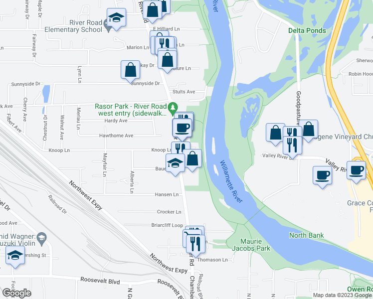 map of restaurants, bars, coffee shops, grocery stores, and more near 34 Rasor Avenue in Eugene