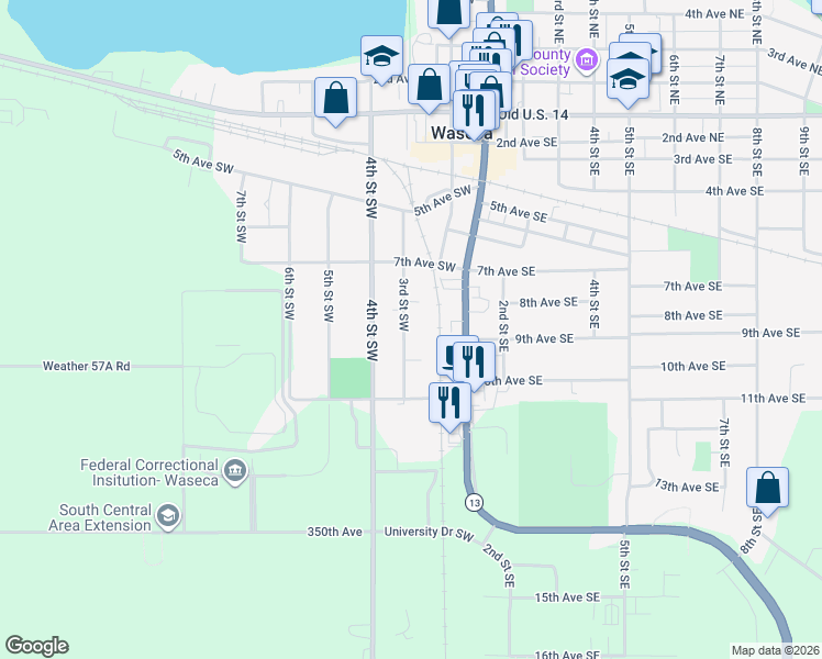 map of restaurants, bars, coffee shops, grocery stores, and more near 811 3rd Street Southwest in Waseca
