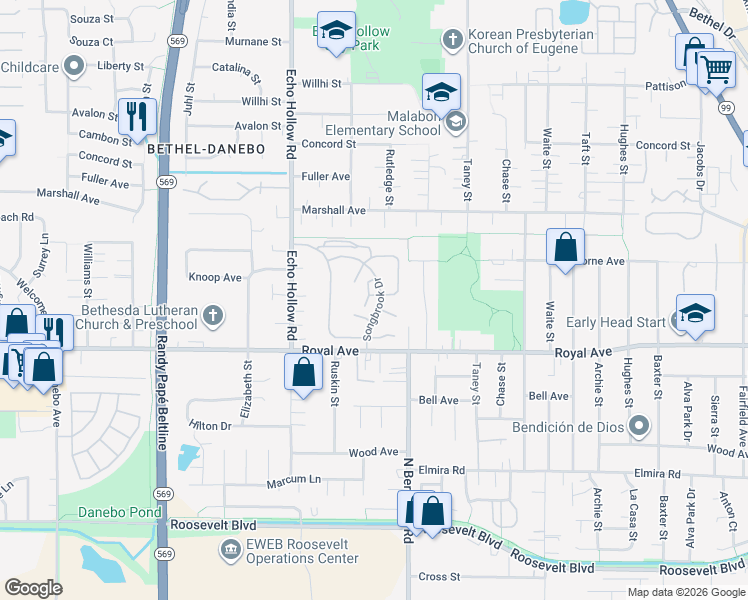 map of restaurants, bars, coffee shops, grocery stores, and more near 4055 Royal Avenue in Eugene