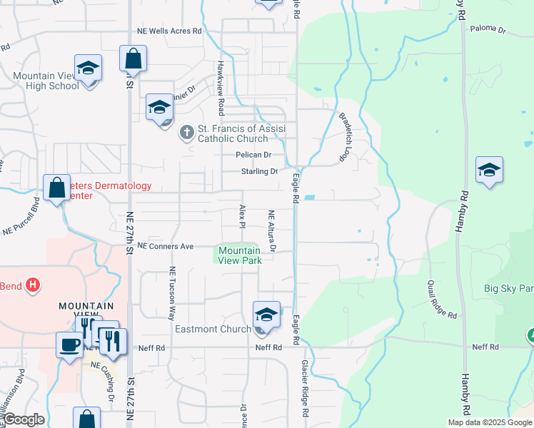 map of restaurants, bars, coffee shops, grocery stores, and more near 3031 Northeast Red Oak Drive in Bend