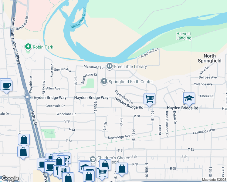 map of restaurants, bars, coffee shops, grocery stores, and more near 765 Old Orchard Ln in Springfield