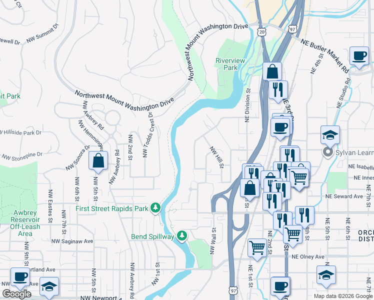 map of restaurants, bars, coffee shops, grocery stores, and more near 2107 Northwest Lakeside Place in Bend