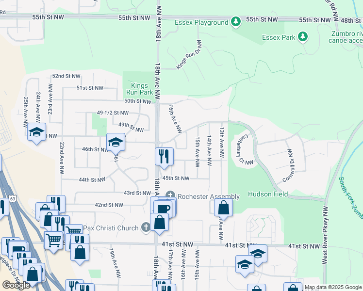 map of restaurants, bars, coffee shops, grocery stores, and more near 4741 Harvest Court Northwest in Rochester