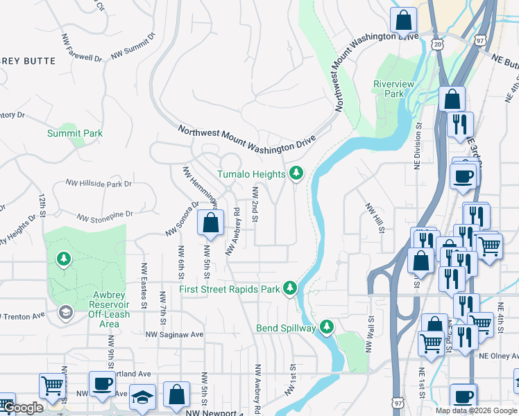map of restaurants, bars, coffee shops, grocery stores, and more near 2428 Northwest 2nd Street in Bend