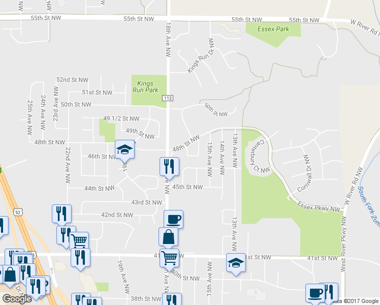 map of restaurants, bars, coffee shops, grocery stores, and more near 4751 Harvest Court Northwest in Rochester