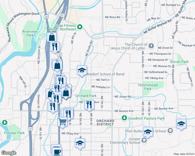 map of restaurants, bars, coffee shops, grocery stores, and more near 646 Northeast Vail Lane in Bend
