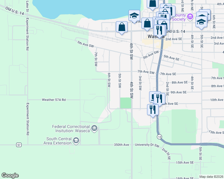map of restaurants, bars, coffee shops, grocery stores, and more near 813 6th Street Southwest in Waseca