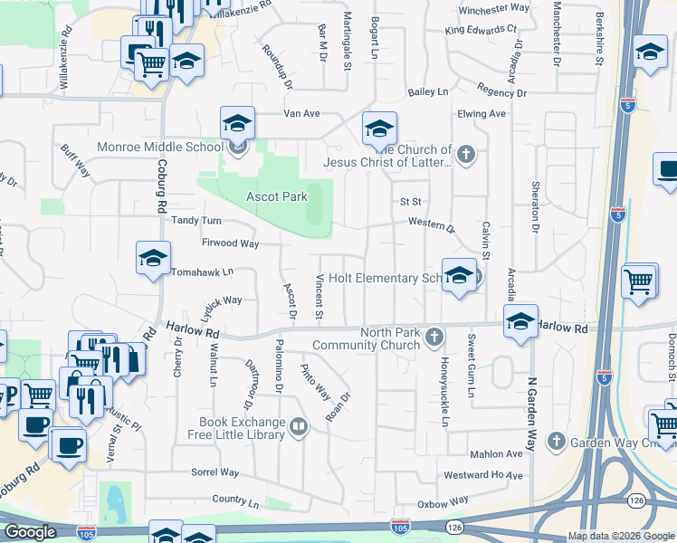 map of restaurants, bars, coffee shops, grocery stores, and more near 859 Vincent Street in Eugene