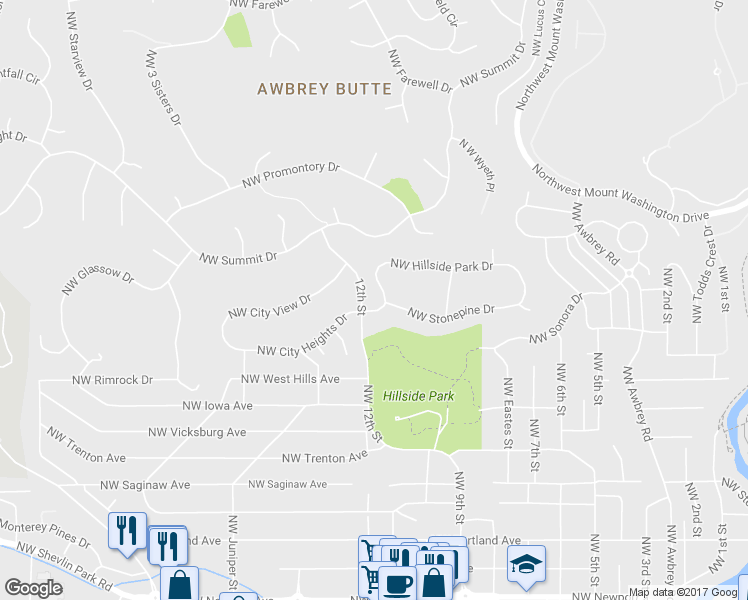 map of restaurants, bars, coffee shops, grocery stores, and more near 1182 Northwest Hillside Park Drive in Bend