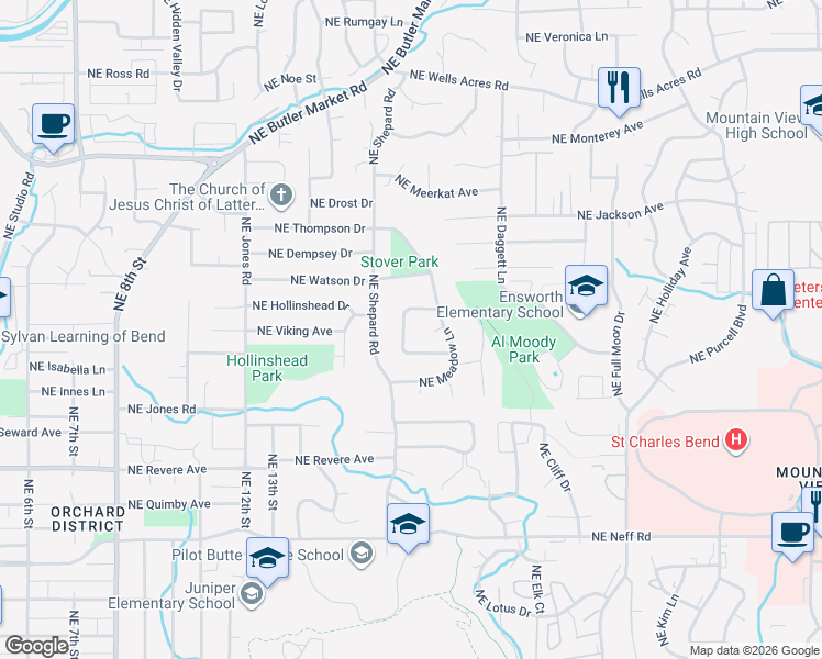 map of restaurants, bars, coffee shops, grocery stores, and more near 2236 Northeast Pheasant Lane in Bend