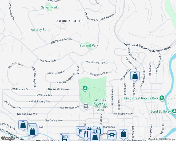 map of restaurants, bars, coffee shops, grocery stores, and more near 1076 Northwest Stonepine Drive in Bend