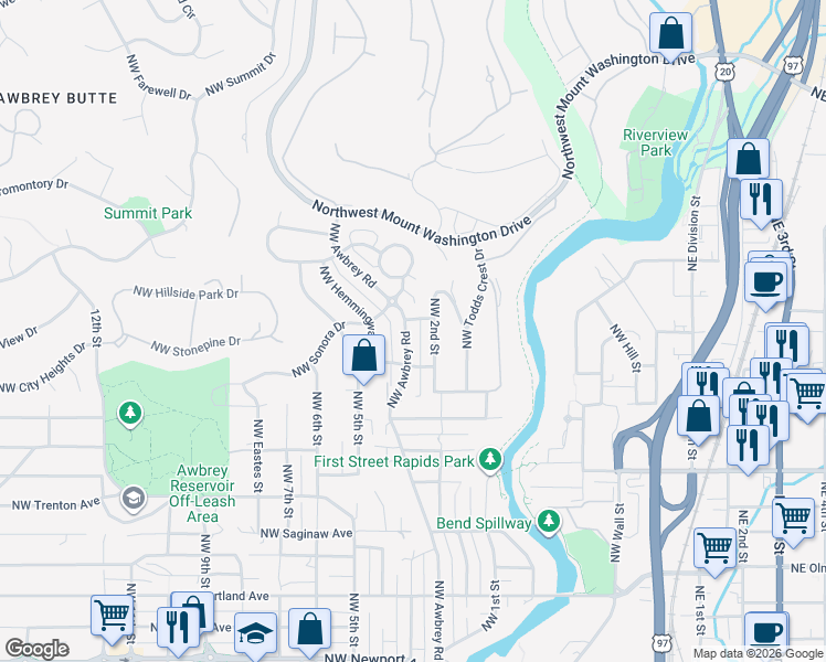 map of restaurants, bars, coffee shops, grocery stores, and more near 2442 Northwest Awbrey Road in Bend