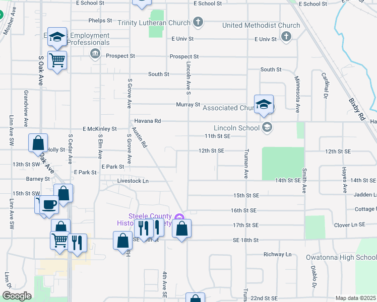 map of restaurants, bars, coffee shops, grocery stores, and more near 1225 Lincoln Avenue South in Owatonna